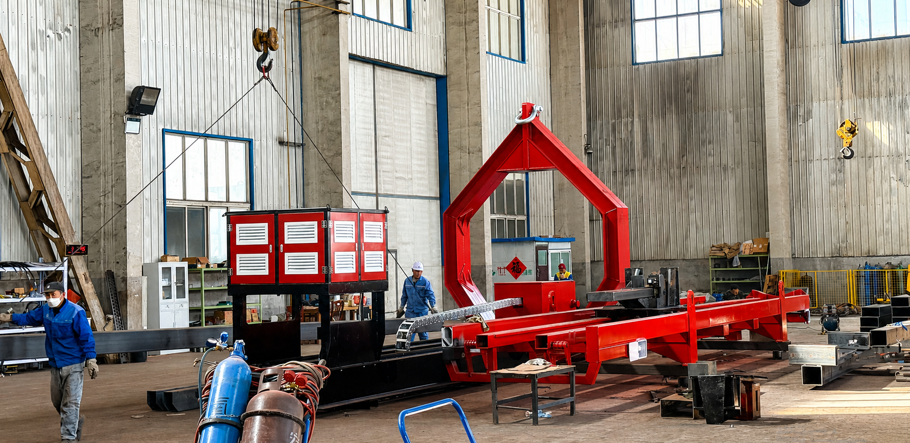 Qingwei manufacturing workshop with a red tube bundle extractor under assembly