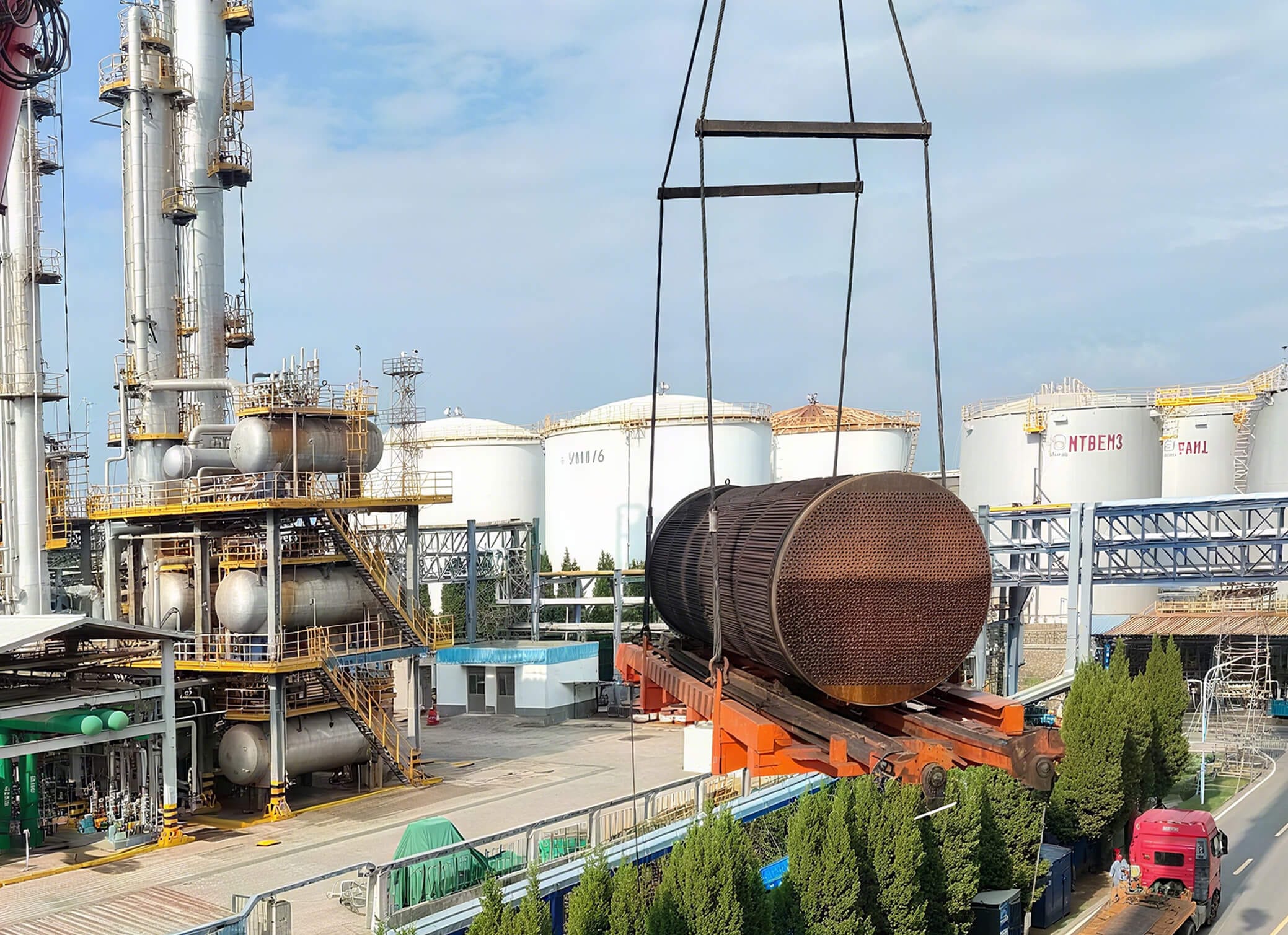Large heat exchanger bundle prepared for refinery maintenance in Kazakhstan