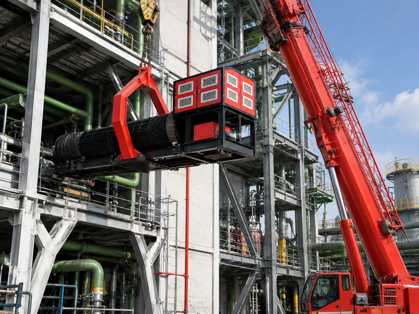 ديزل-hydraulic tube bundle extractor being lifted at an industrial facility